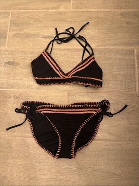 Xhilaration Black and Coral Crochet-Trim Bikini